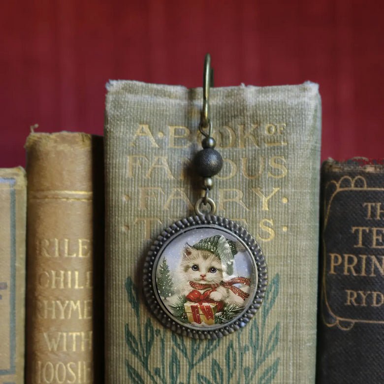 Handmade Brass Book Hook Bookmark with Dangling Christmas Kitten Cabochon - Marmalade Mercantile