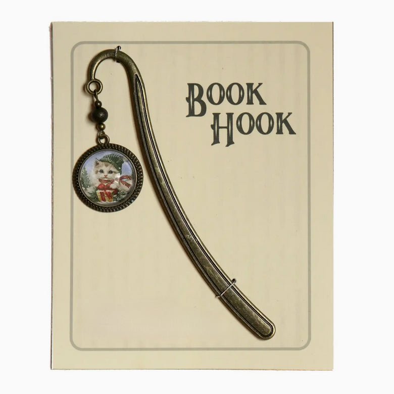 Handmade Brass Book Hook Bookmark with Dangling Christmas Kitten Cabochon - Marmalade Mercantile