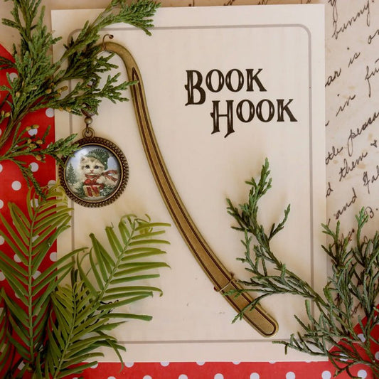 Handmade Brass Book Hook Bookmark with Dangling Christmas Kitten Cabochon - Marmalade Mercantile