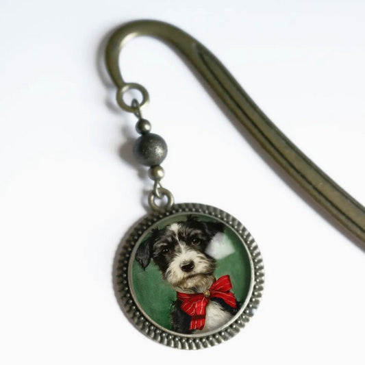 Handmade Brass Book Hook Bookmark with Dangling Christmas Terrier Puppy Cabochon - Marmalade Mercantile