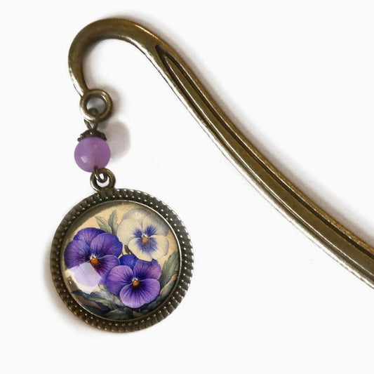 Handmade Brass Book Hook Bookmark with Dangling Pansy Cabochon - Marmalade Mercantile