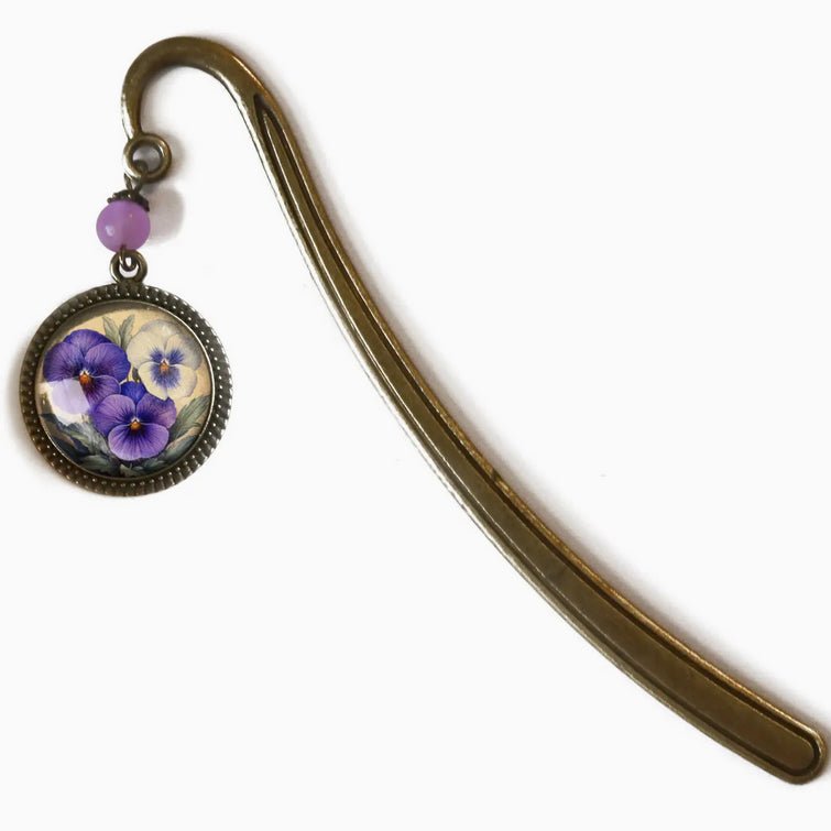 Handmade Brass Book Hook Bookmark with Dangling Pansy Cabochon - Marmalade Mercantile