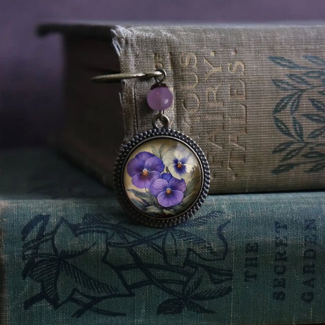 Handmade Brass Book Hook Bookmark with Dangling Pansy Cabochon - Marmalade Mercantile