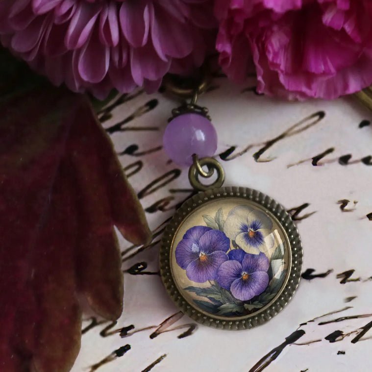 Handmade Brass Book Hook Bookmark with Dangling Pansy Cabochon - Marmalade Mercantile