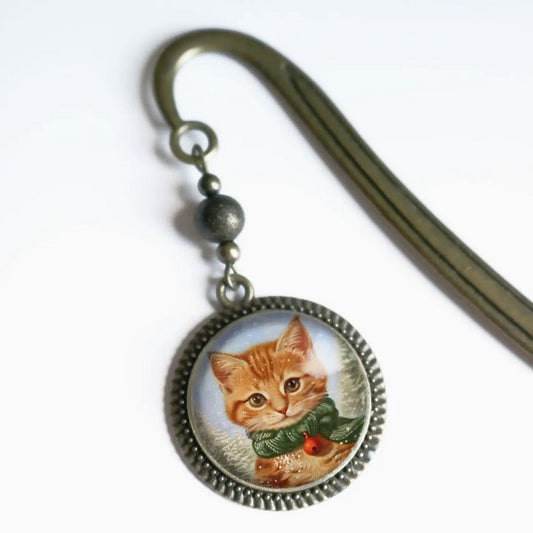 Handmade Brass Book Hook Bookmark with Festive Orange Tabby Kitten Cabochon - Marmalade Mercantile