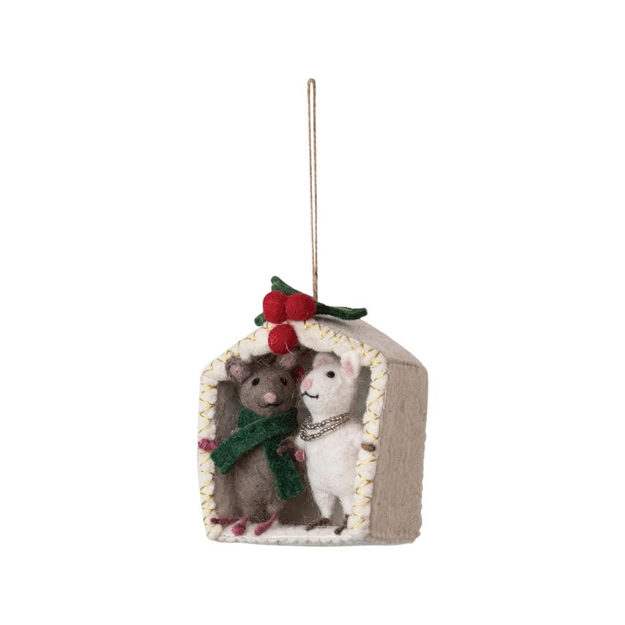 Handmade Wool Felt Mice Under the Mistletoe Christmas Ornament - Marmalade Mercantile