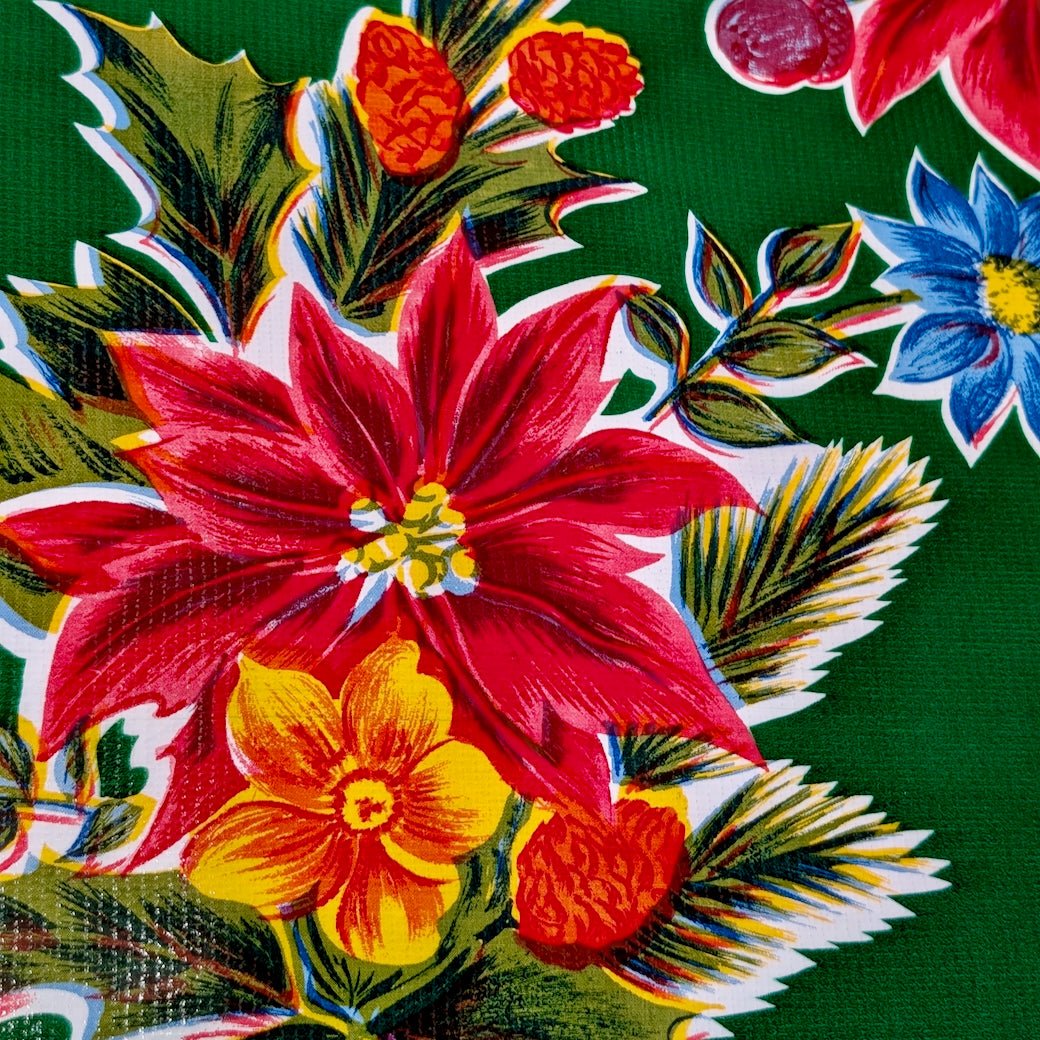 Holiday Poinsettia Oilcloth Tablecloth 84x48" GREEN - Marmalade Mercantile