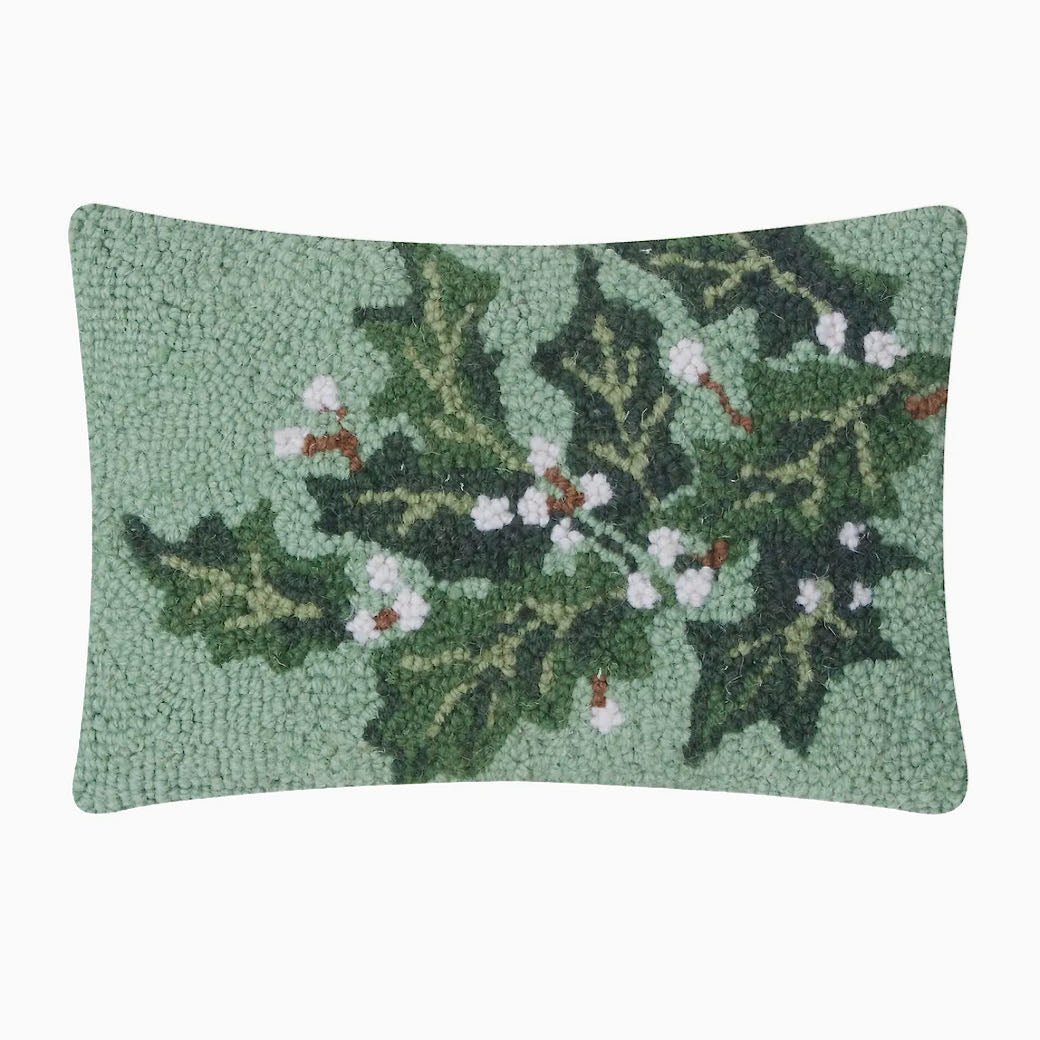 Holly with Berries Christmas Hooked Rug Pillow - Marmalade Mercantile