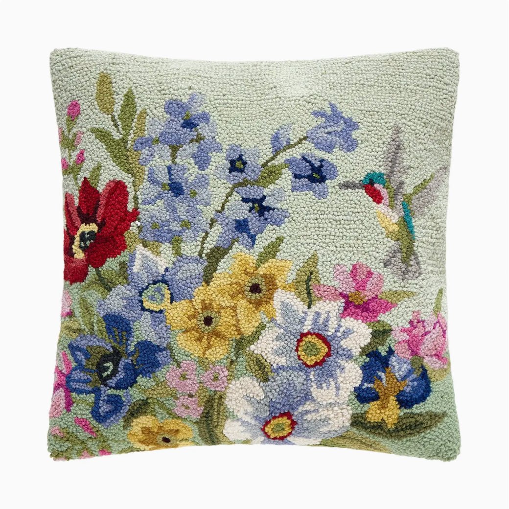 Hummingbird with Colorful Spring Flowers Hooked Rug Pillow - Marmalade Mercantile