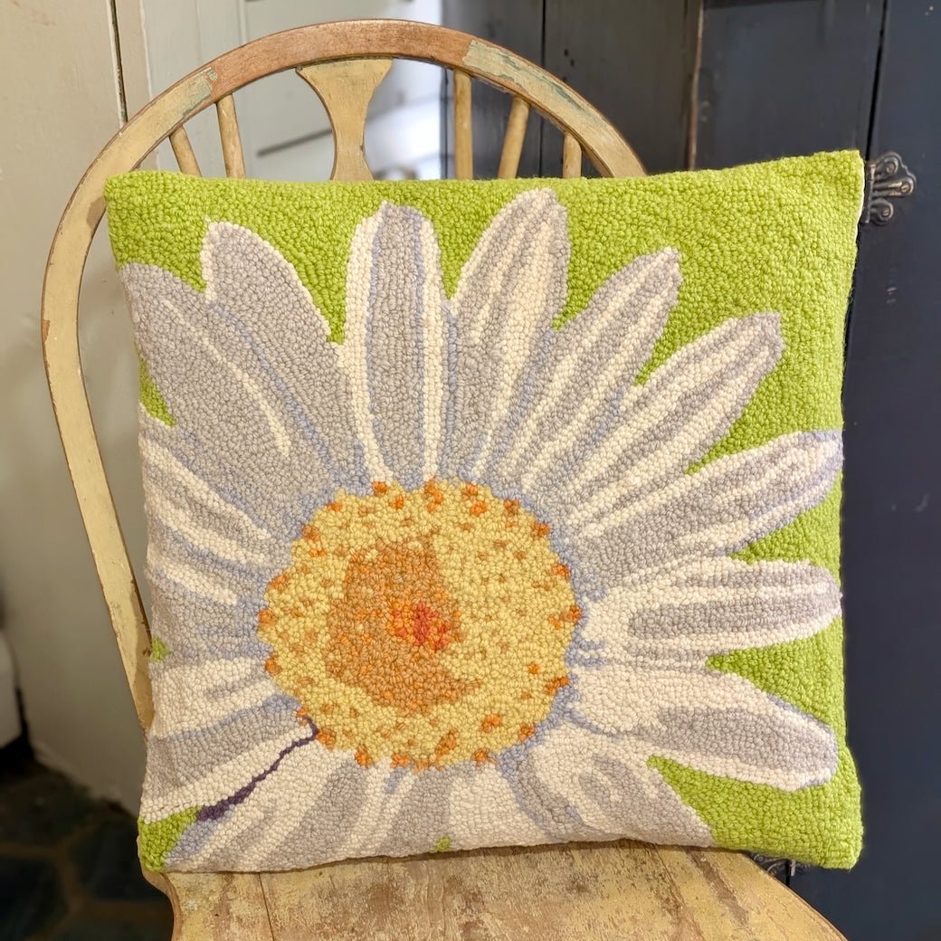 Large Hooked Rug Pillow Daisy on Spring Green Background - Marmalade Mercantile
