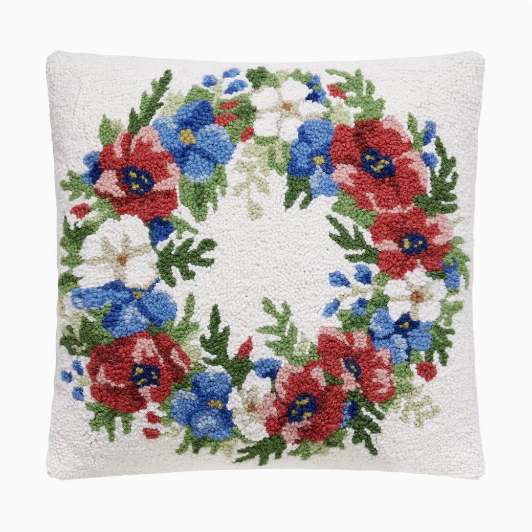 Large Red, White & Blue Floral Wreath Hooked Rug Pillow - Marmalade Mercantile