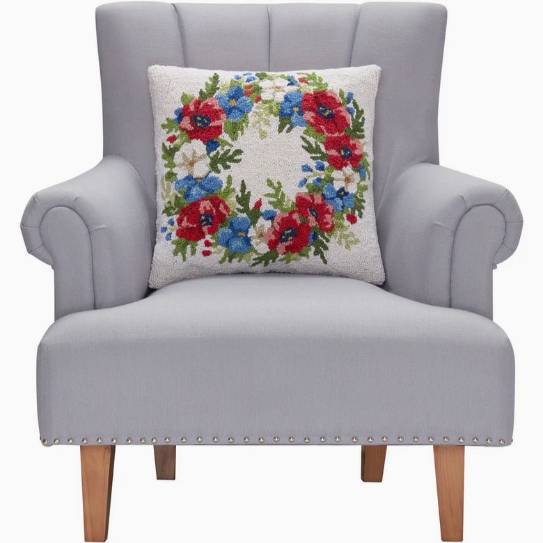 Large Red, White & Blue Floral Wreath Hooked Rug Pillow - Marmalade Mercantile