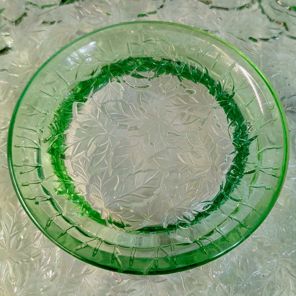 Large Vintage Uranium Glass Cake Plate Maple Leaf Pattern - Marmalade Mercantile