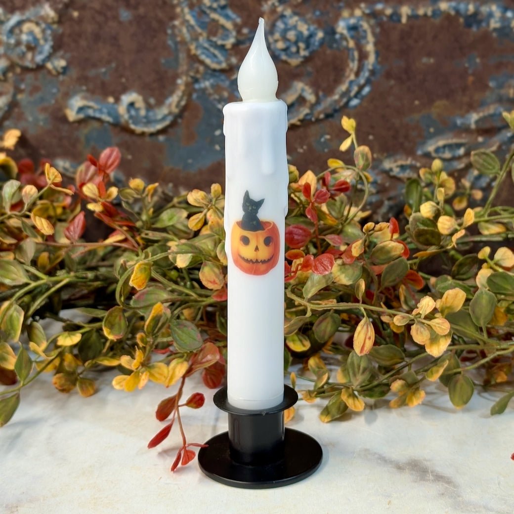 LED Battery Operated Halloween Taper Candle Black Kitten & Jack O Lantern - Marmalade Mercantile