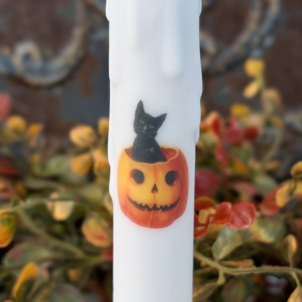 LED Battery Operated Halloween Taper Candle Black Kitten & Jack O Lantern - Marmalade Mercantile