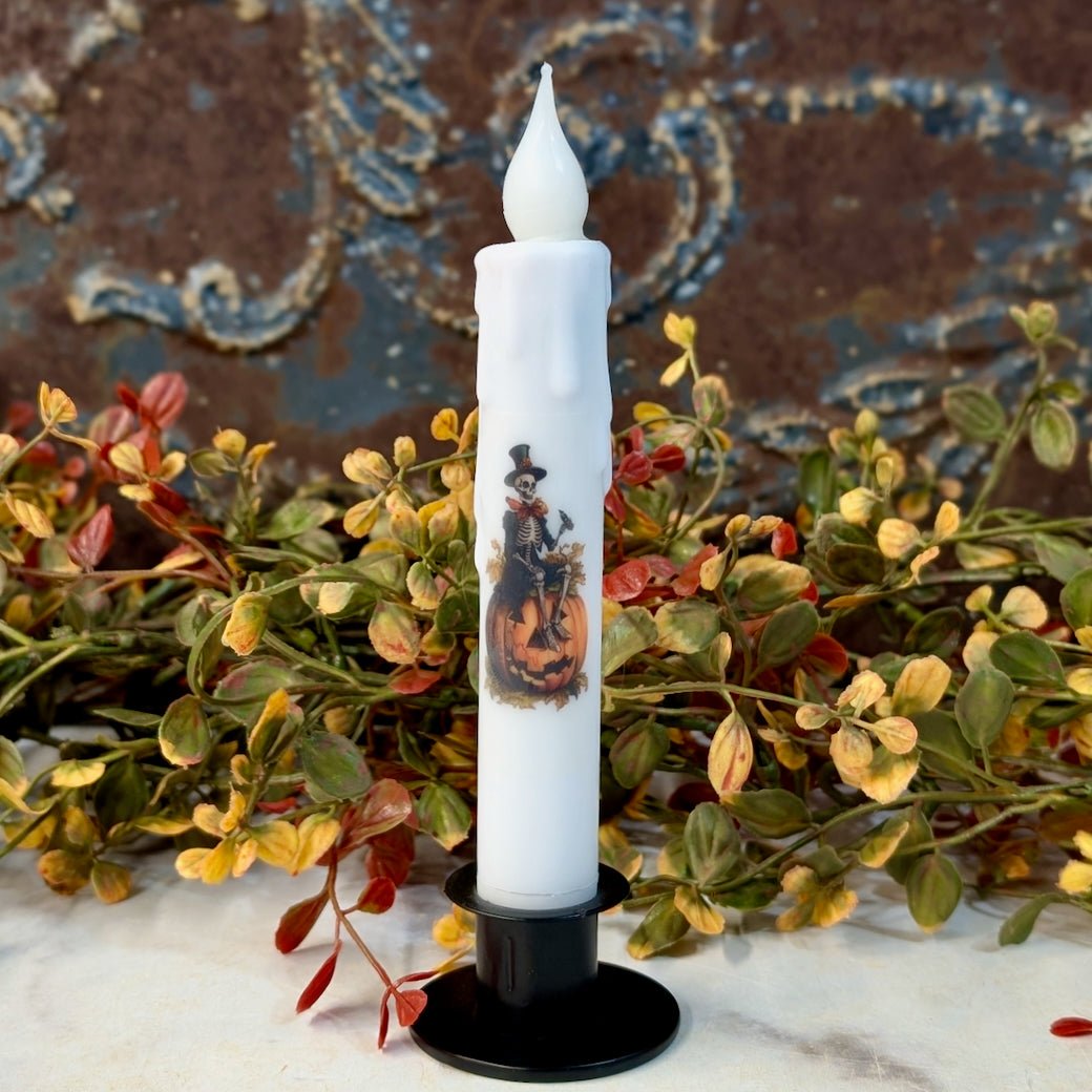 LED Battery Operated Halloween Taper Candle Skeleton w Jack O Lantern - Marmalade Mercantile