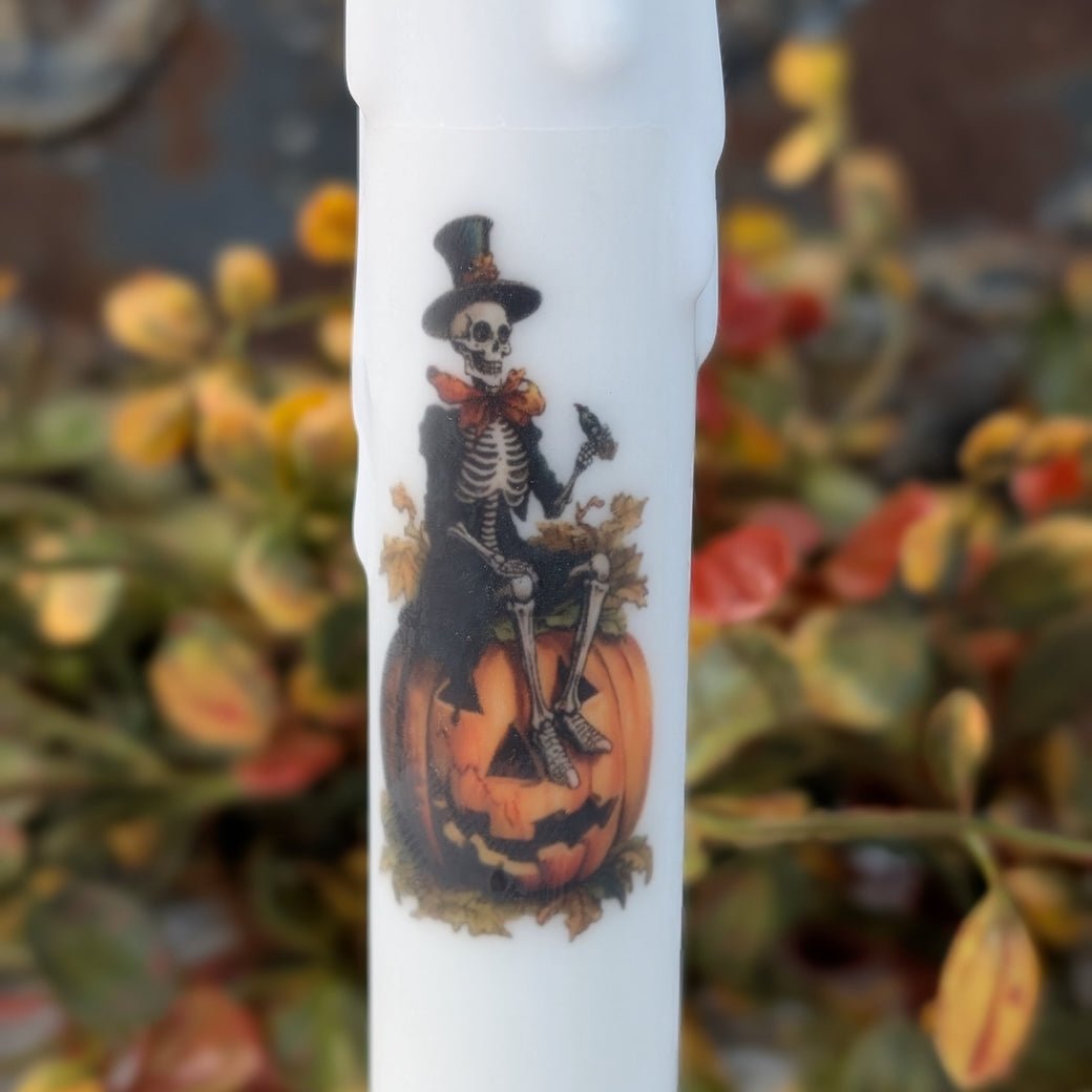 LED Battery Operated Halloween Taper Candle Skeleton w Jack O Lantern - Marmalade Mercantile