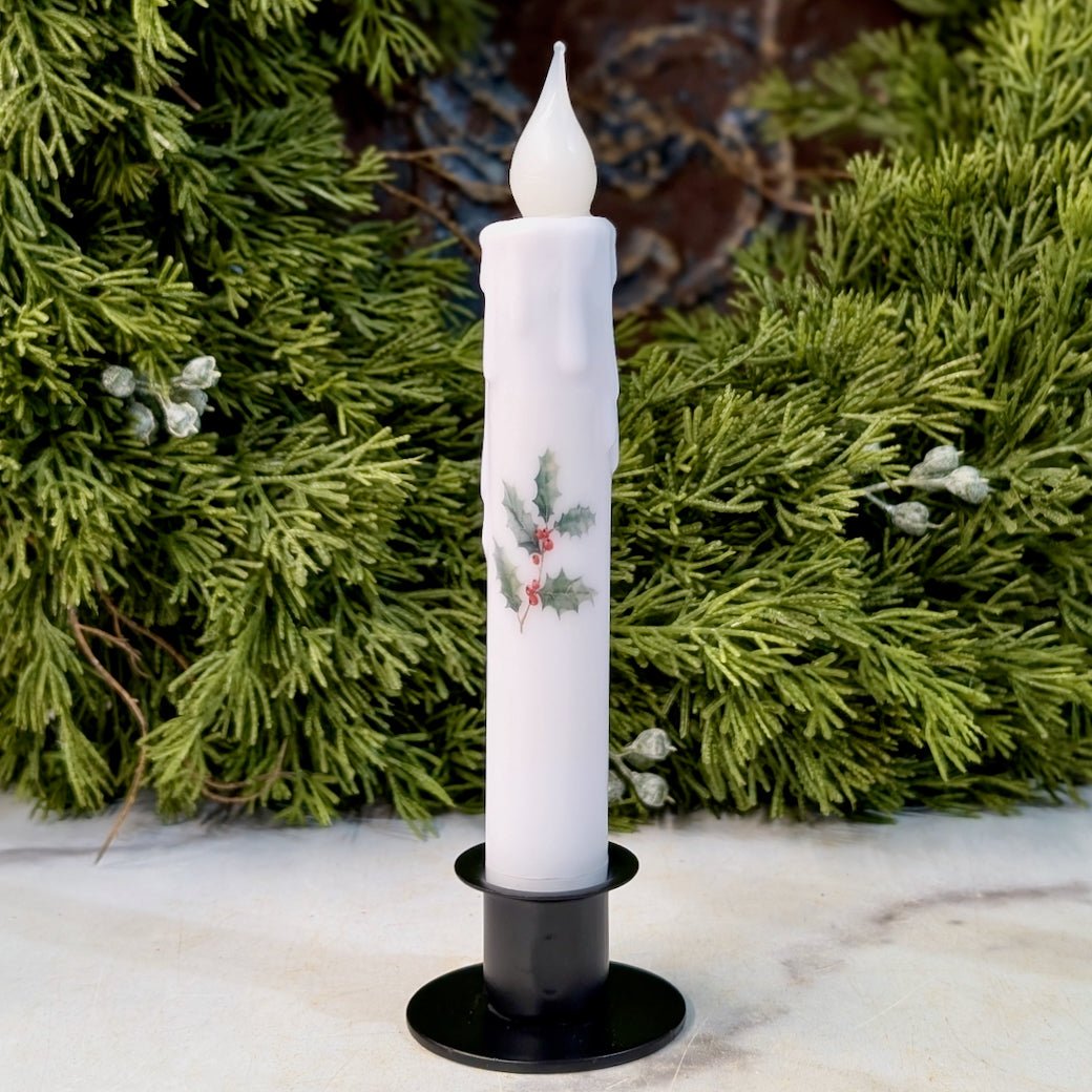 LED Battery Operated Taper Candle Christmas Holly Sprig w Red Berries - Marmalade Mercantile
