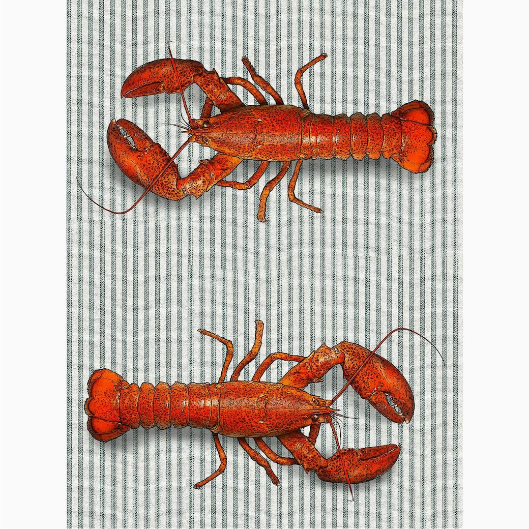 Lobsters Flour Sack Towel on Gray Ticking Stripe - Marmalade Mercantile