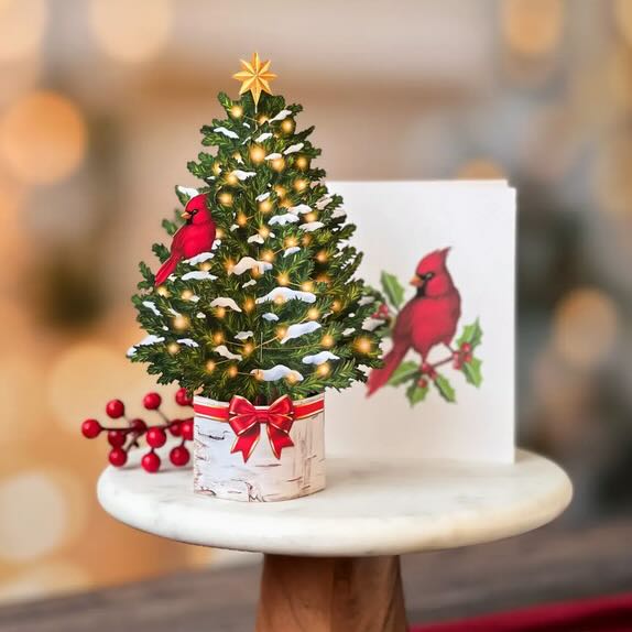 Merry Mini Christmas Tree w Cardinal Pop - Up Card - Marmalade Mercantile