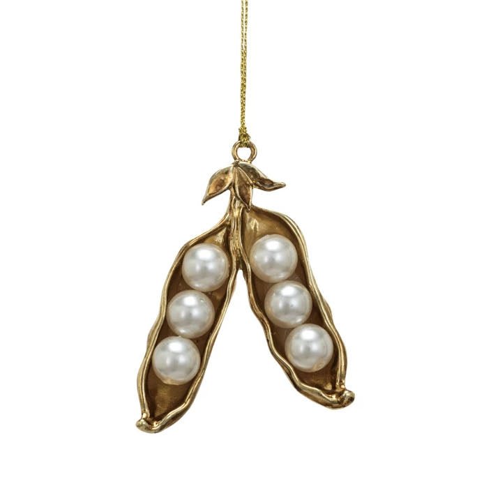 Metal & Faux Pearl Pea Pod Ornament, Gold & Cream Color - Marmalade Mercantile