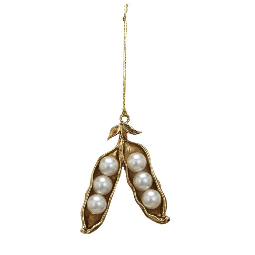 Metal & Faux Pearl Pea Pod Ornament, Gold & Cream Color - Marmalade Mercantile