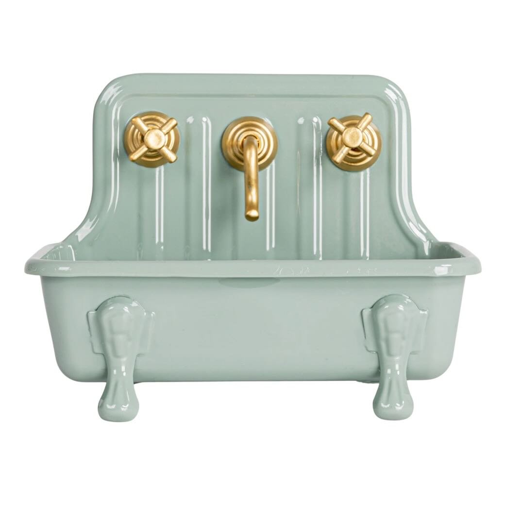 Metal Sink Soap Dish w Knobs & Faucet, Bluish Gray & Gold - Marmalade Mercantile