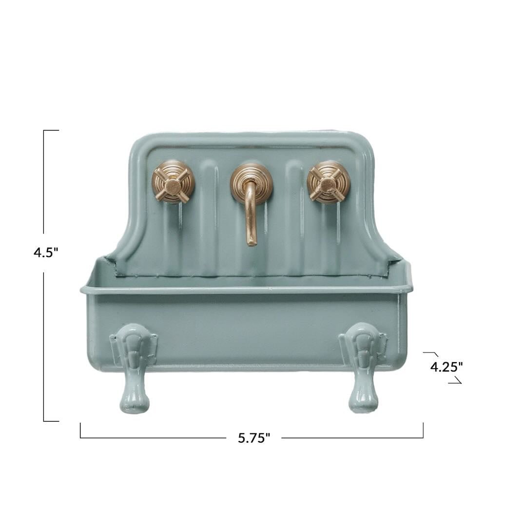 Metal Sink Soap Dish w Knobs & Faucet, Bluish Gray & Gold - Marmalade Mercantile