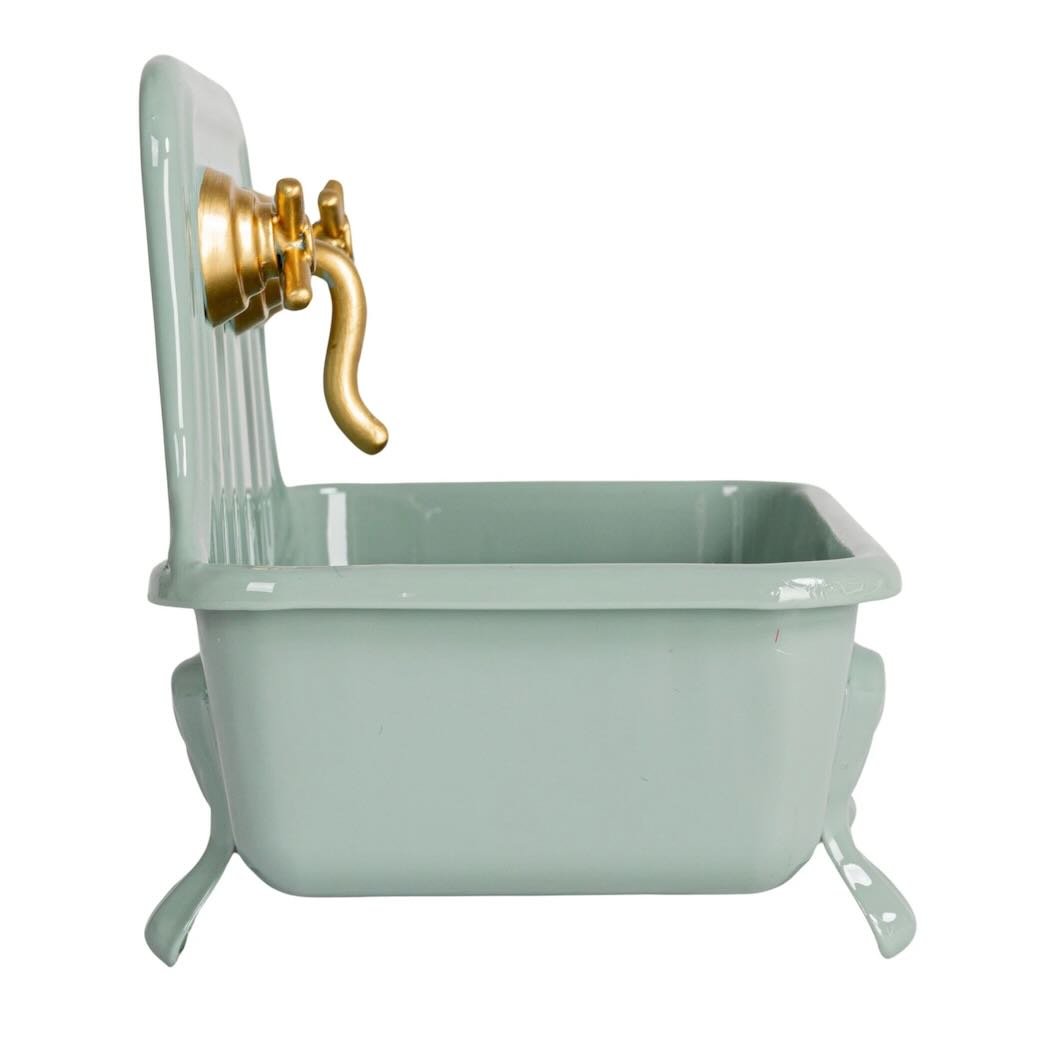 Metal Sink Soap Dish w Knobs & Faucet, Bluish Gray & Gold - Marmalade Mercantile