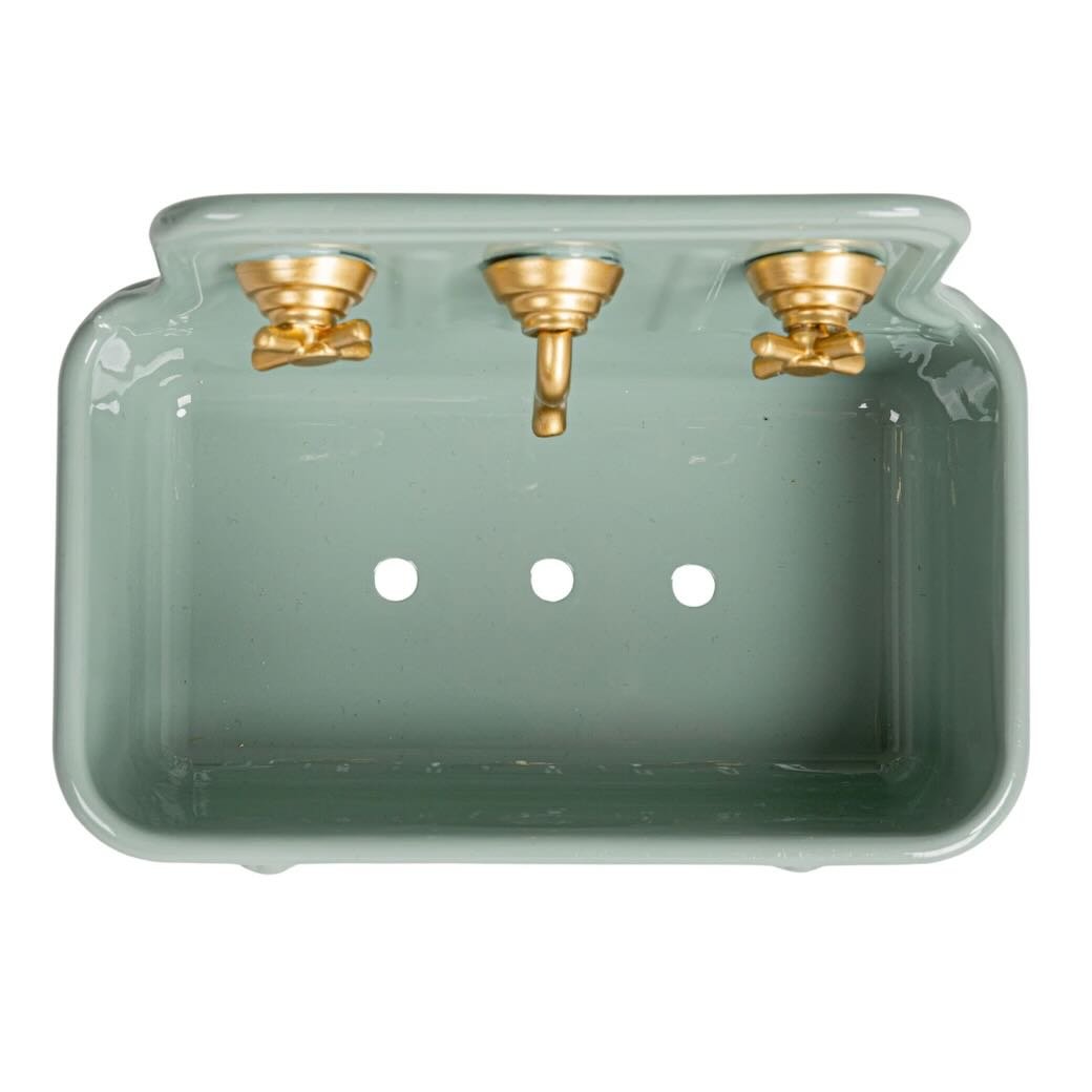 Metal Sink Soap Dish w Knobs & Faucet, Bluish Gray & Gold - Marmalade Mercantile