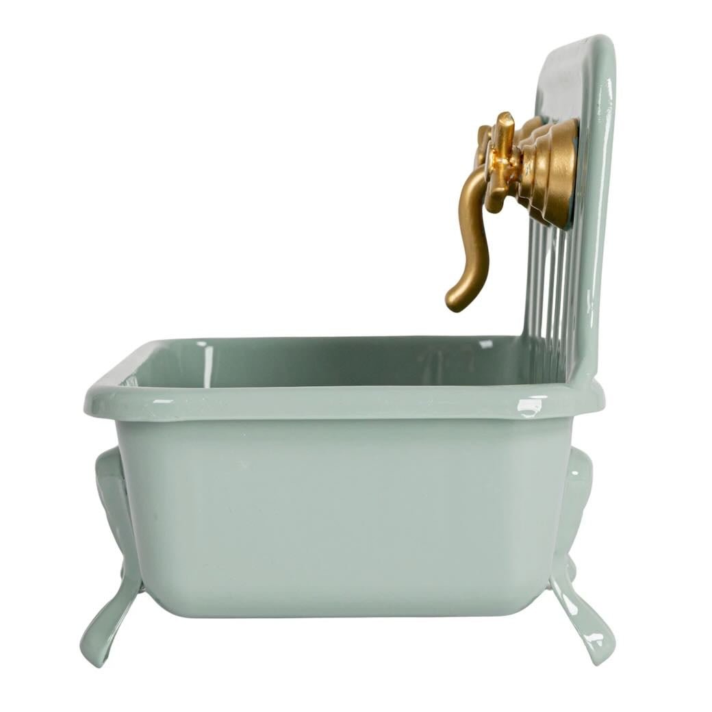 Metal Sink Soap Dish w Knobs & Faucet, Bluish Gray & Gold - Marmalade Mercantile