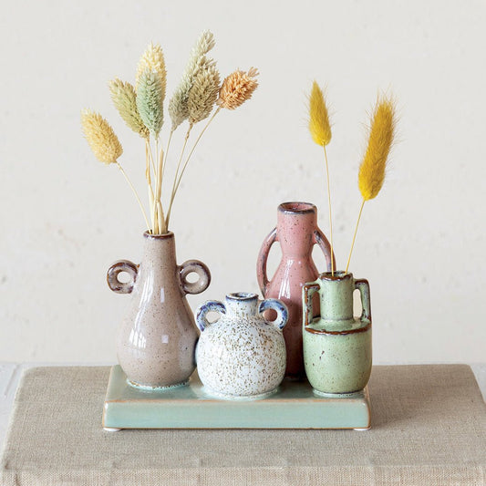 Mounted Multi - Colored Stoneware Vases with Base - Marmalade Mercantile