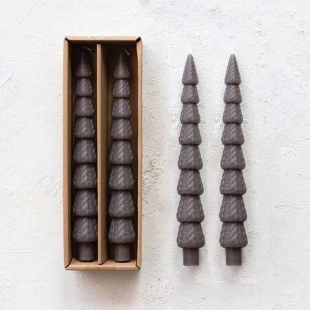Pair of 10" Taper Candles Cable Knit Pattern Tree - Shaped Pewter Gray Color - Marmalade Mercantile