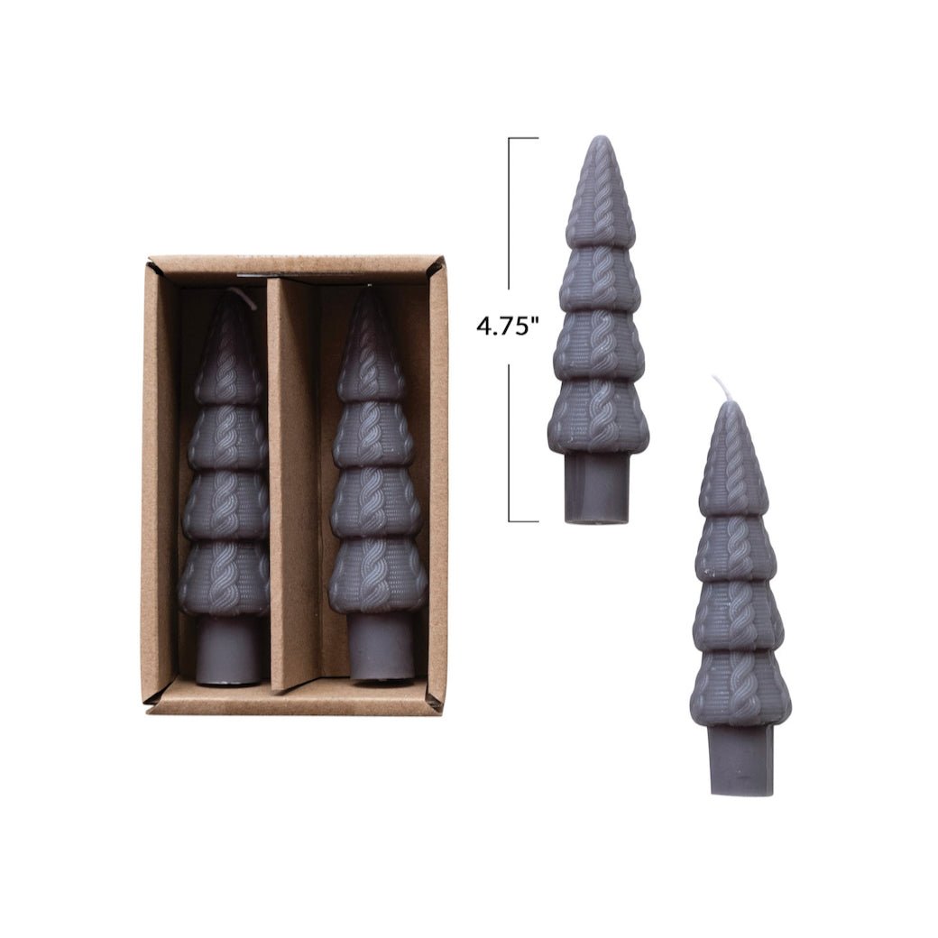 Pair of 4.75" Taper Candles Cable Knit Pattern Tree - Shaped Pewter Gray Color - Marmalade Mercantile