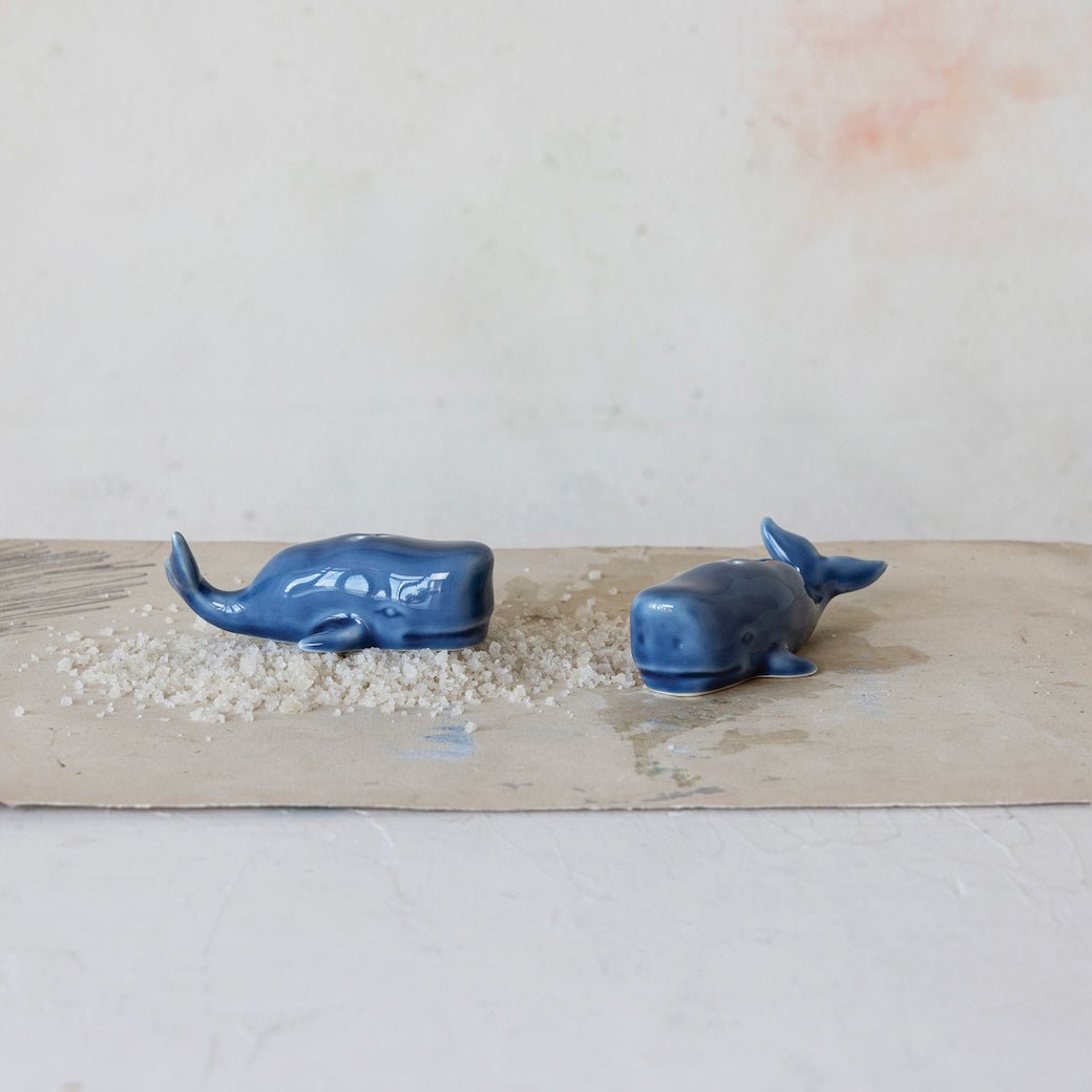 Pair of Blue Stoneware Whale Salt & Pepper Shakers - Marmalade Mercantile