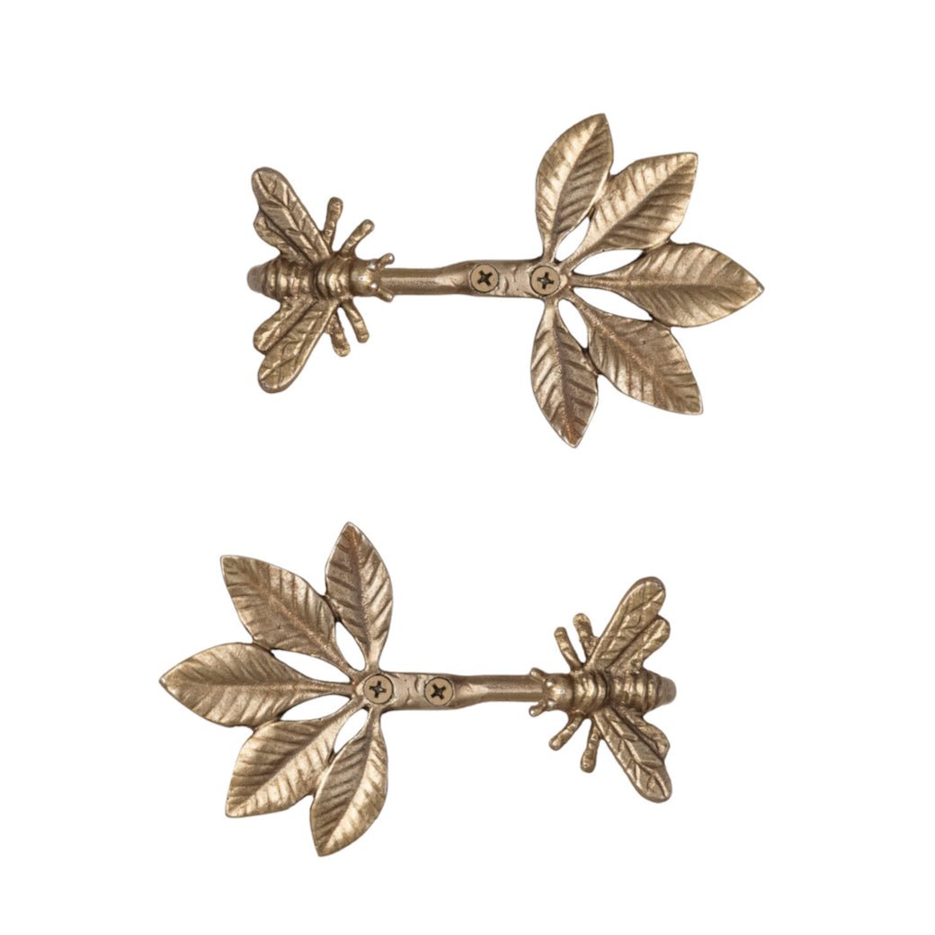 Pair of Cast Aluminum Curtain Tiebacks with Leaves & Bee Motif - Marmalade Mercantile