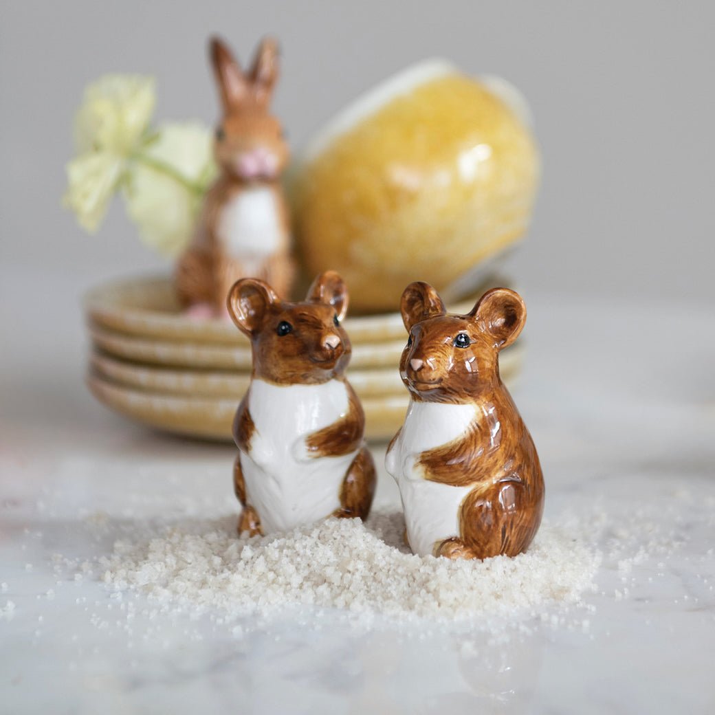 Pair of Hand-Painted Stoneware Mouse Salt & Pepper Shakers - Marmalade Mercantile