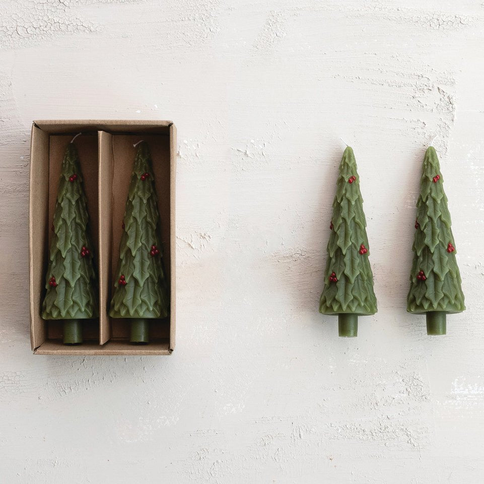 Pair of Unscented Holly Tree Shaped Dinner Taper Candles - Marmalade Mercantile