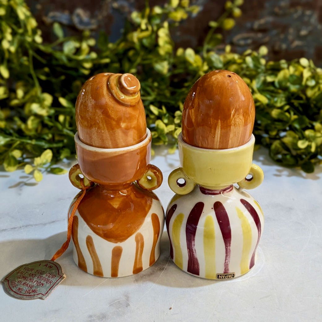 Pair of Vintage Kitsch Egg Cups w Shakers Man & Woman - Marmalade Mercantile