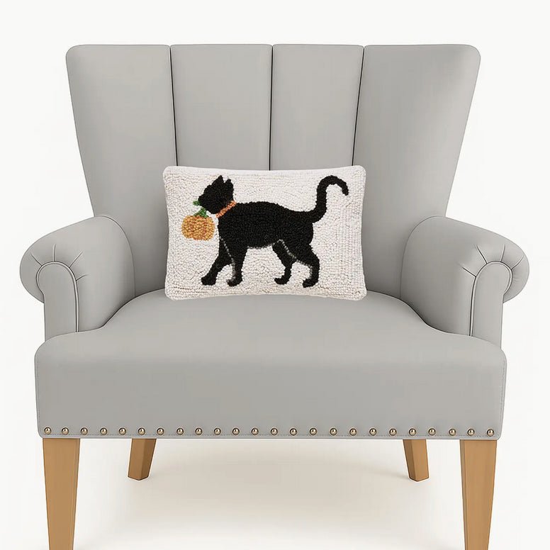 Petite Black Cat and Pumpkin Hooked Rug Halloween Pillow - Marmalade Mercantile