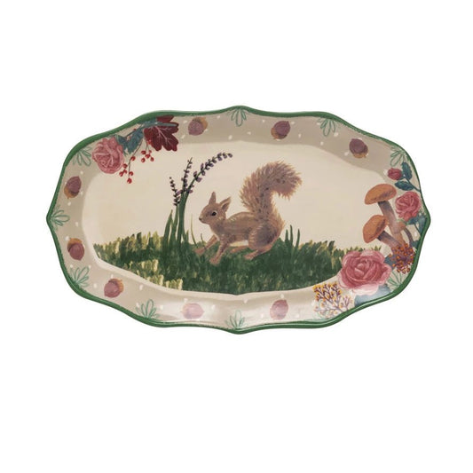 Petite Ceramic Serving Platter with Squirrel & Flowers - Marmalade Mercantile