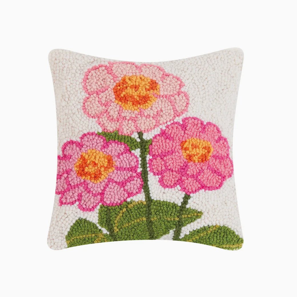 Petite Hooked Rug Pillow Pink Zinnias - Marmalade Mercantile