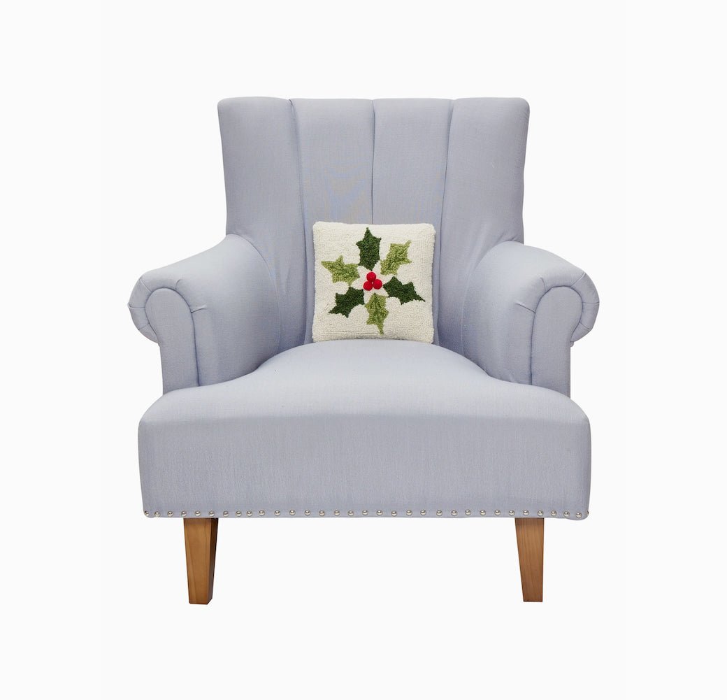Petite Hooked Rug Pillow Snowflake Holly Leaves w Red Pompom Berries - Marmalade Mercantile