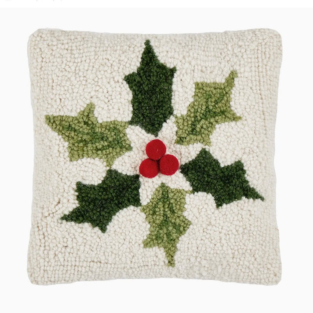 Petite Hooked Rug Pillow Snowflake Holly Leaves w Red Pompom Berries - Marmalade Mercantile