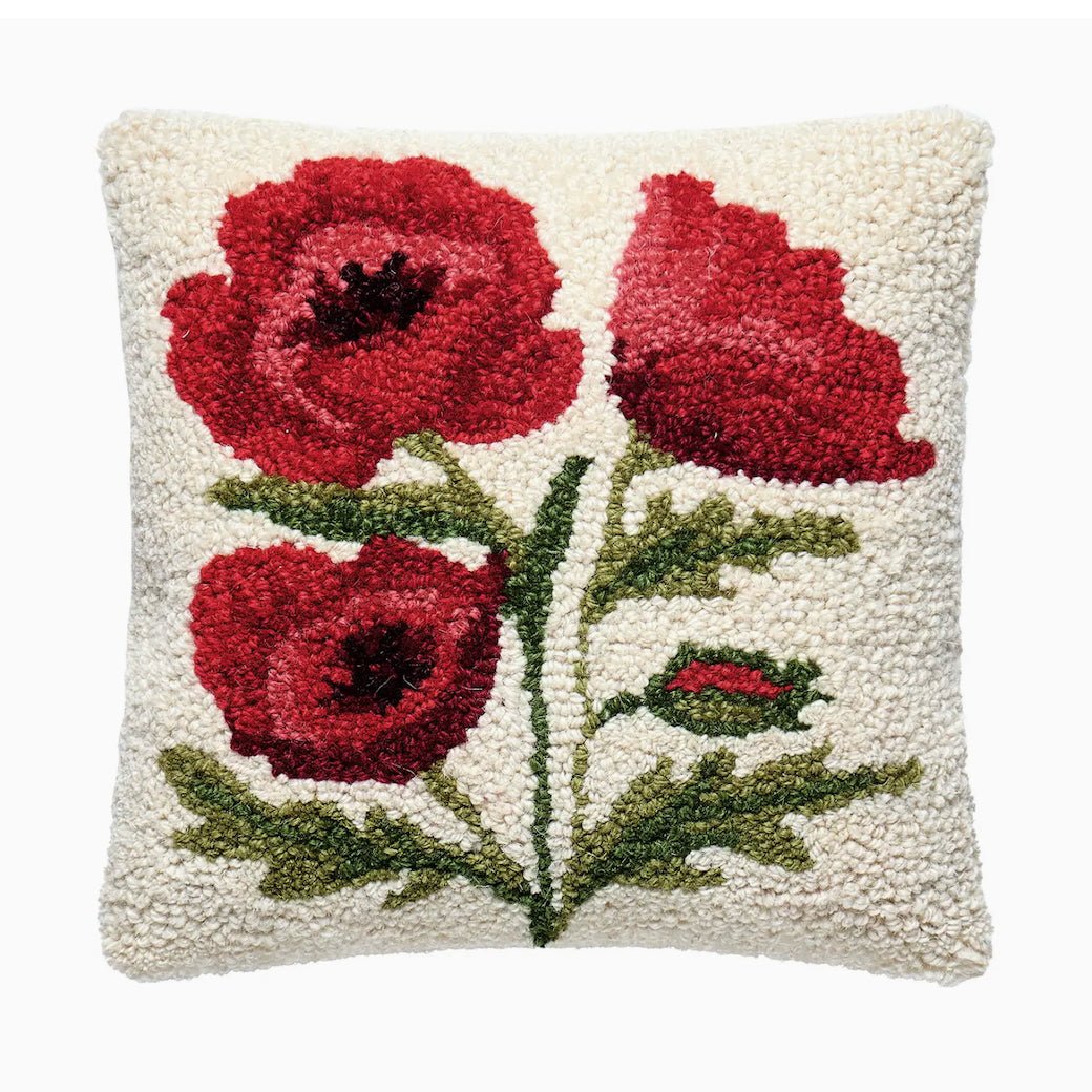 Petite Red Poppies Hooked Rug Pillow - Marmalade Mercantile