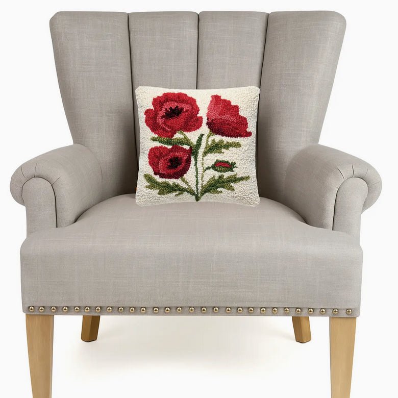 Petite Red Poppies Hooked Rug Pillow - Marmalade Mercantile