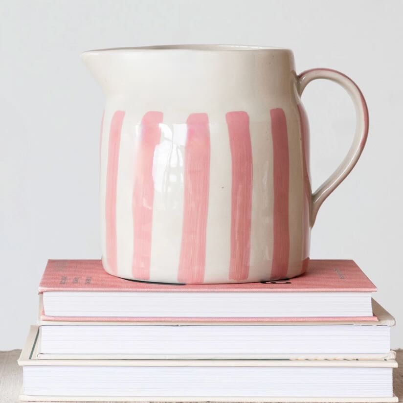 Pink Striped Stoneware Pitcher 56 oz - Marmalade Mercantile