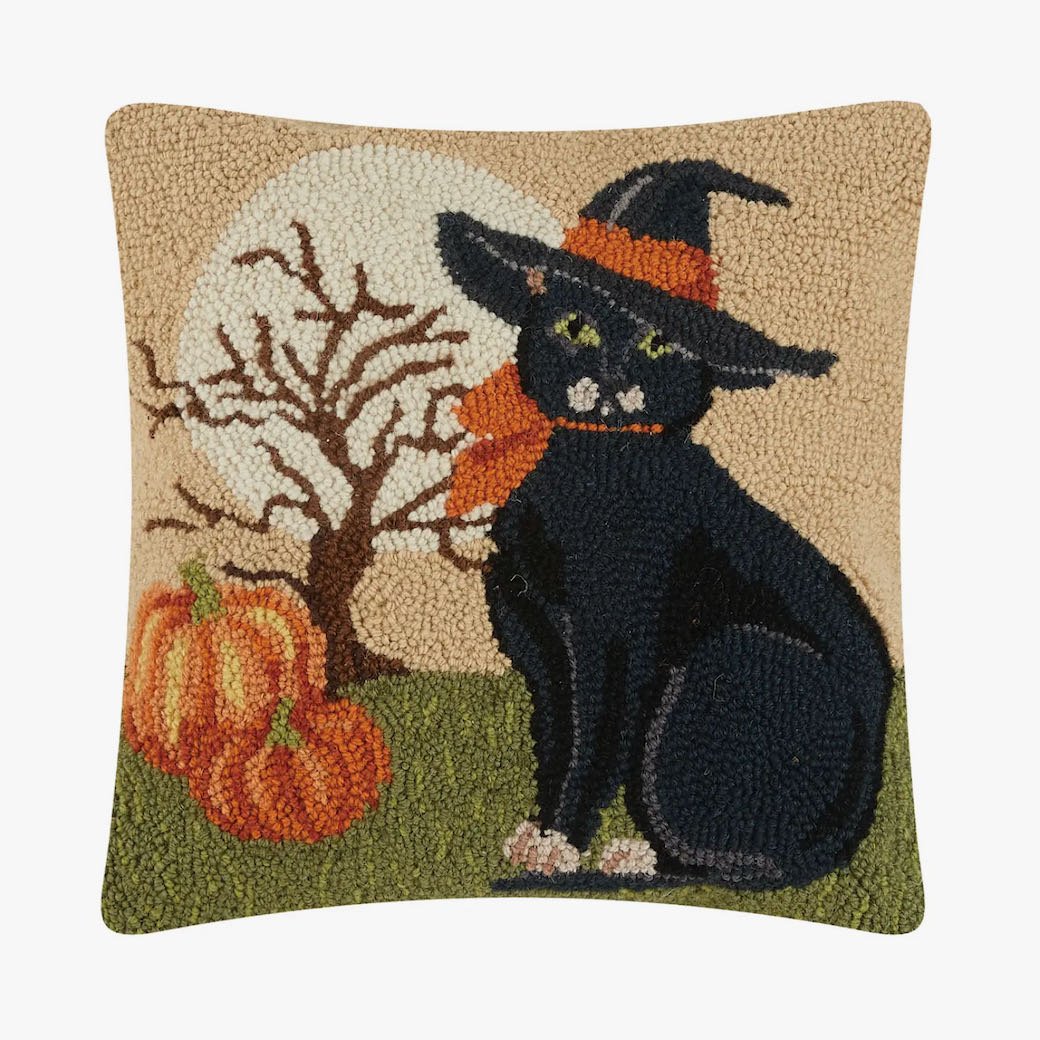 Pretty Halloween Kitty Hooked Rug Pillow - Marmalade Mercantile