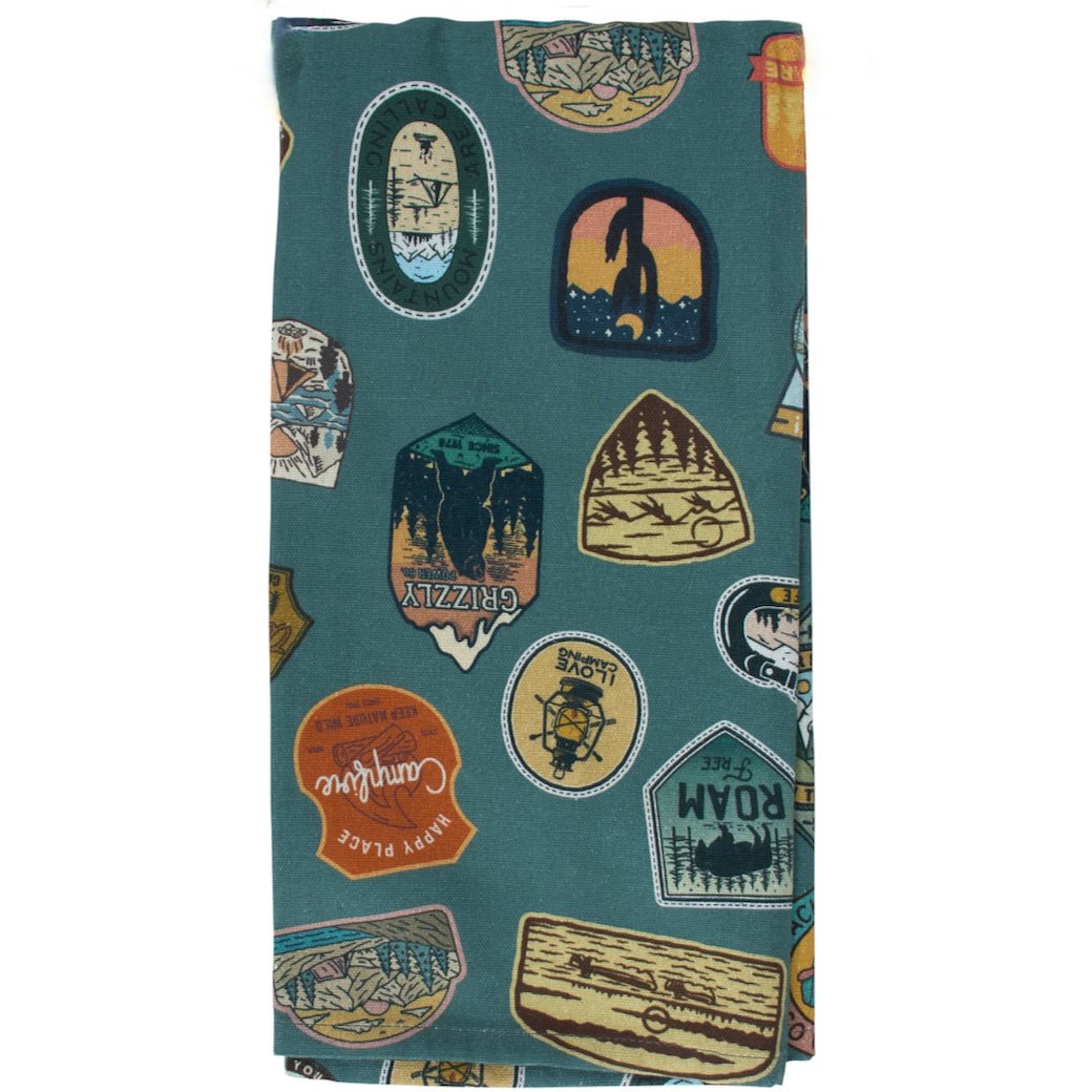 Printed Cotton Kitchen Towel w Camping Patches Design - Marmalade Mercantile