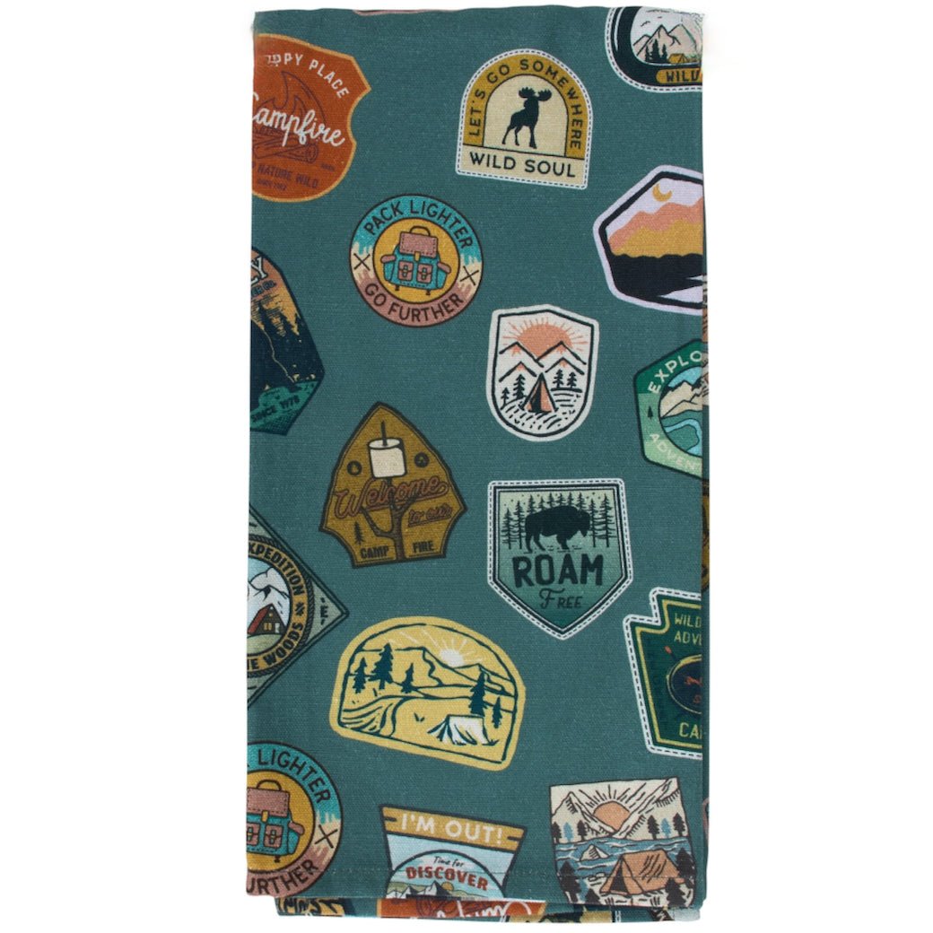 Printed Cotton Kitchen Towel w Camping Patches Design - Marmalade Mercantile